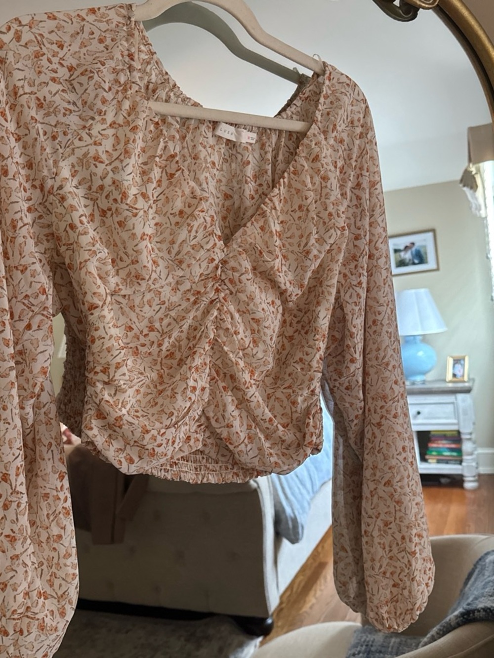 Floral Ruched Long-Sleeve Blouse - Cream/Peach